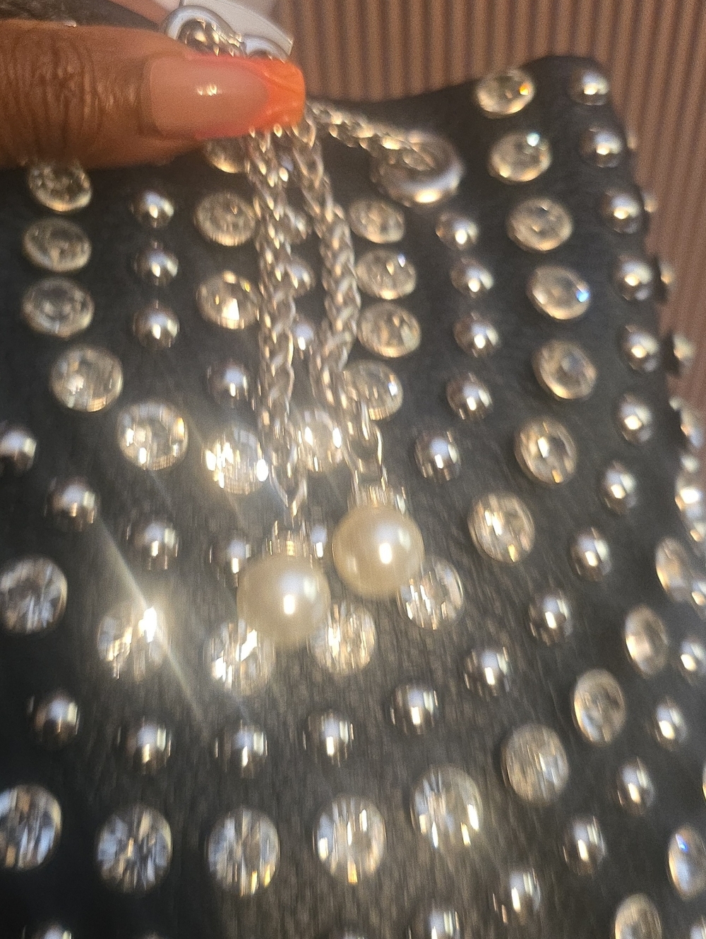 Black Studded Bucket Bag with Chain Drawstring - Picture 4 of 8